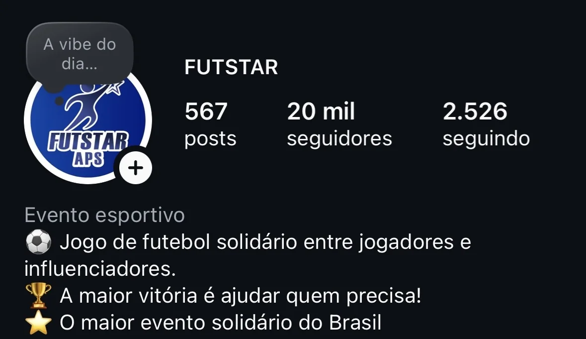 Perfil do Futstar depois da operação, com 20 mil seguidores